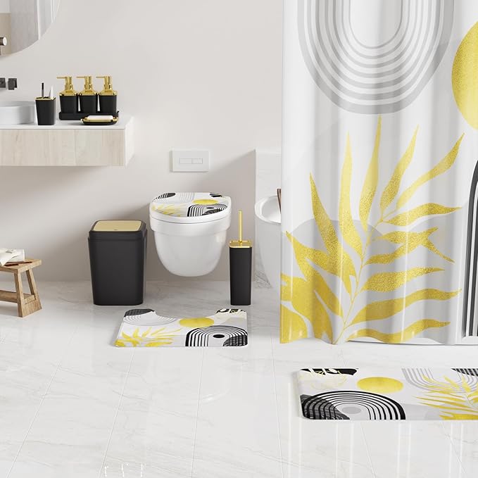 Bathroom Set - Bathroom Sets with Shower Curtain and Rugs, Bathroom Accessory Set, Black Bathroom Accessories Set with Trash Can, Toilet Brush and Soap Dispensers