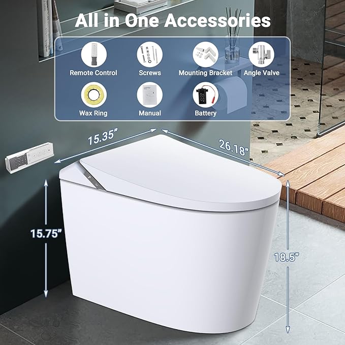 PrecisionAuto One Piece Smart Toilet, Japanese Toilet with Built In Bidet & Remote Control, Integrated Water Tank & Powerful Pump, Heated Seat, Automatic Flush (Foot Sensor, Lid Close), Self Nozzle