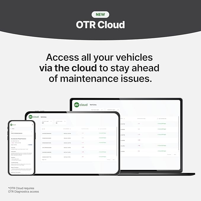 OTR Diagnostics HD Scan Tool (Updated 2025 Adapter): Forced Regen, Read & Reset Fault/P-Codes, Live Data, Bi-Directional Commands, Fault History. iOS/Android, 1-Year Subscription, Premium Support.