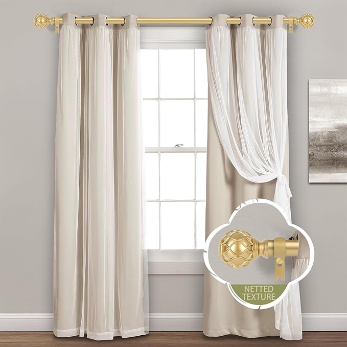 Gold Adjustable Curtain Rods for Windows:Farmhouse Heavy Duty Curtain Rod for Bedroom Living Room,Boho Decorative Rustic Drapery Rod with Vintage Coastal Texture Finial,Brass Gold 2Pack 18-45"