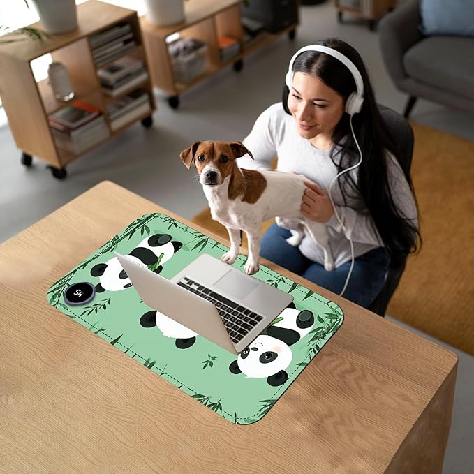 Heated Mouse Pad with 3 Temperature Settings(104°F–122°F),Large 24x14.2 Inch PU Leather Heated Desk Mat,Waterproof Warming Pad for Office,Gaming & Cold Hands Relief,Cute Three Pandas