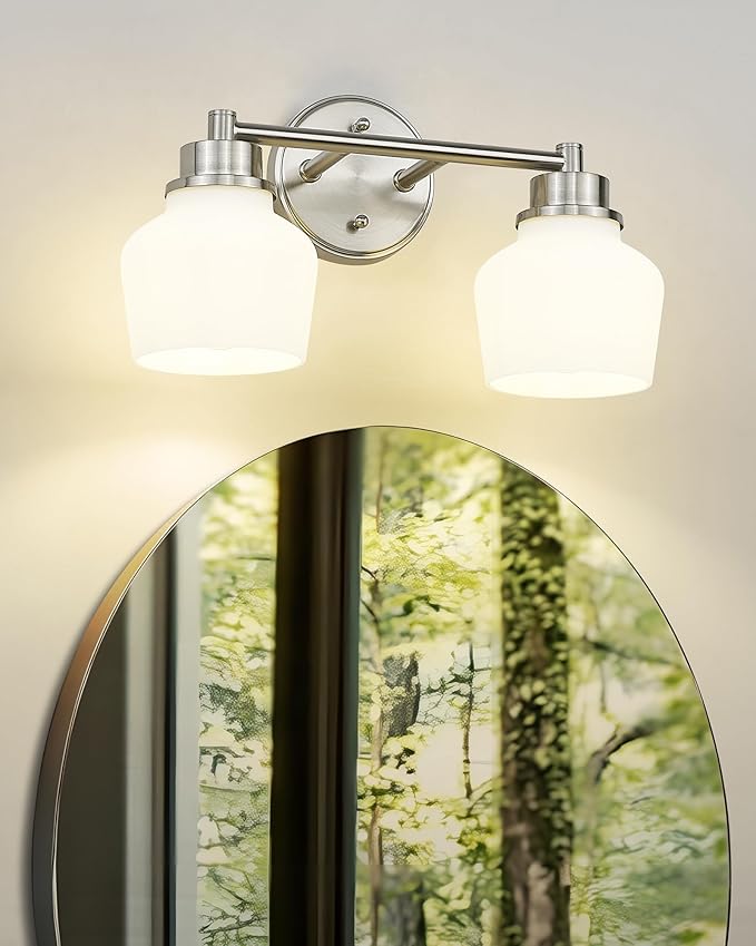 Emak Brushed Nickel Bathroom Light Fixtures, 2-Light Bathroom Vanity Light with Milk Glass Shade, Modern Vanity Lights for Bathroom, Mirror, VL122-BN-ML-2
