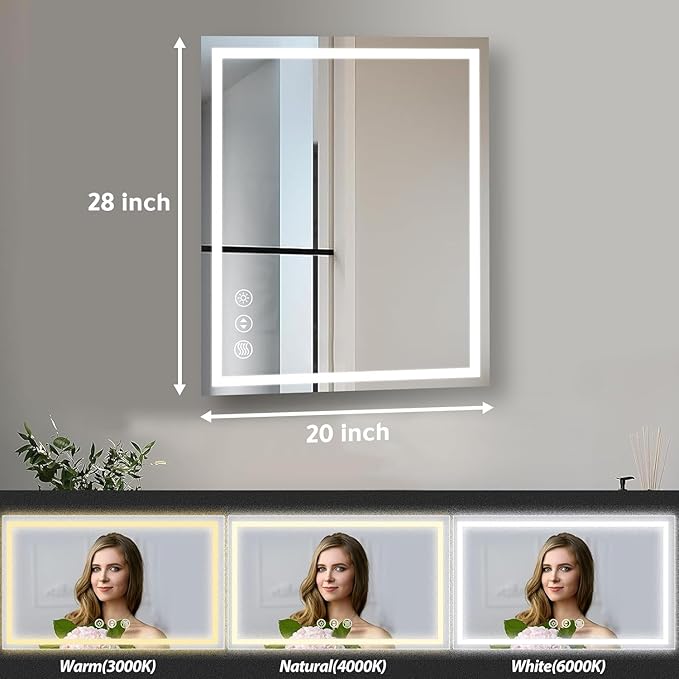 ROOMTEC LED Bathroom Mirror 28 x 20 Inches with Front and Backlit,Anti-Fog,3 Colors and Dimmable Light(Horizontal/Vertical)