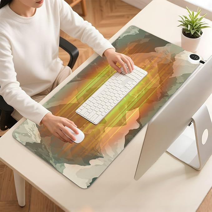 Heated Desk Pad Mouse Pad 31.5x13 Inch PU Leather Desk Mat with 3 Heat Levels Large Mouse Gaming Computer Laptop Mat Sage Green Camounflage Mountain