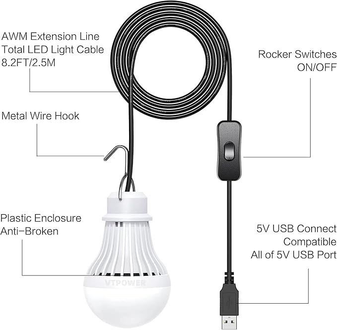 4 Pack USB LED Camping Lantern, 8.2 ft Extra Length Cord Tent Light with USB Y-Cable, Portable LED Bulb for Garage, Warehouse, Car, Truck, Fishing Boat, Room Emergency Light, White