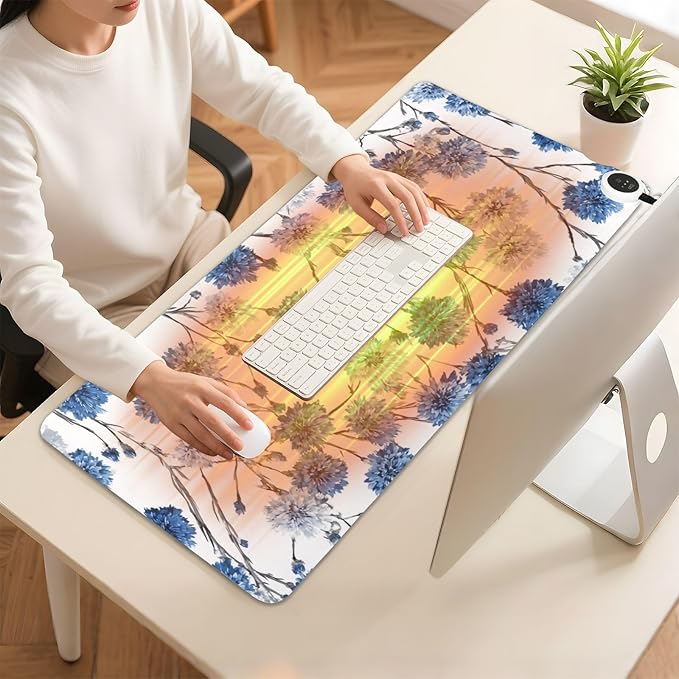 Heated Desk Pad Mouse Pad 31.5x13 Inch PU Leather Desk Mat with 3 Heat Levels Large Mouse Gaming Computer Laptop Mat Washable Chinese Style Cornflower