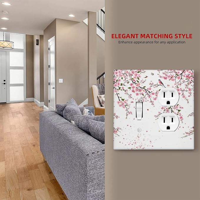 Decorative Outlet Covers Rustic Plum Blossom Pink Flowers 2 Gang Wall Plate Single Toggle Duplex Light Switch Cover Switch Plate Covers Faceplate for Home Bedroom Decor