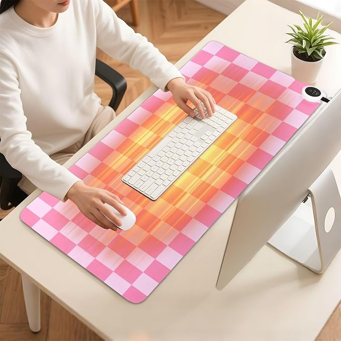 Checkered Pink Heated Desk Pad Mouse Pad 31.5x13 Inch PU Leather Desk Mat with 3 Heat Levels Large Mouse Gaming Computer Laptop Mat