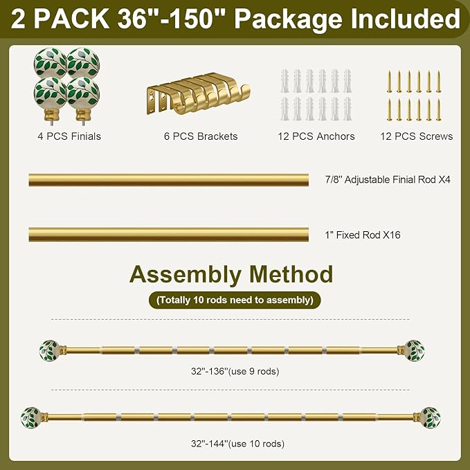 Ceramic Gold Curtain Rods Set of 2 for Windows 72 to 144 Inches Adjustable Length Duty 1" Diameter Window Curtain Rod with Modern Green Leaf Pattern Decorative Finials for Bedroom Living Room Kitchen