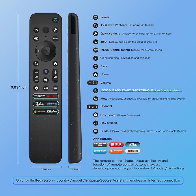 Voice Replacement for Sony TV Remote, for All 2019-2025 Sony Remote Control for Bravia Google/Android Smart 4K 8K LED OLED UHD TVs (with Backlit, Voice Control, Remote Finder and USB Changing)