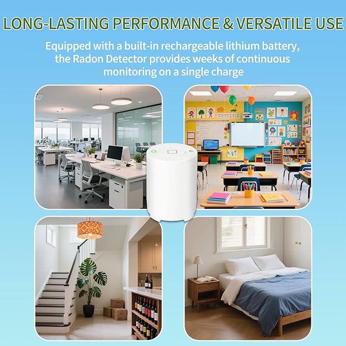Bluetooth Radon Detector for Home, High-Precision Sensor, Real-Time Radon Gas Monitoring, Short & Long-Term Data with Trend Charts, App Control, Rechargeable Battery, LED Alerts