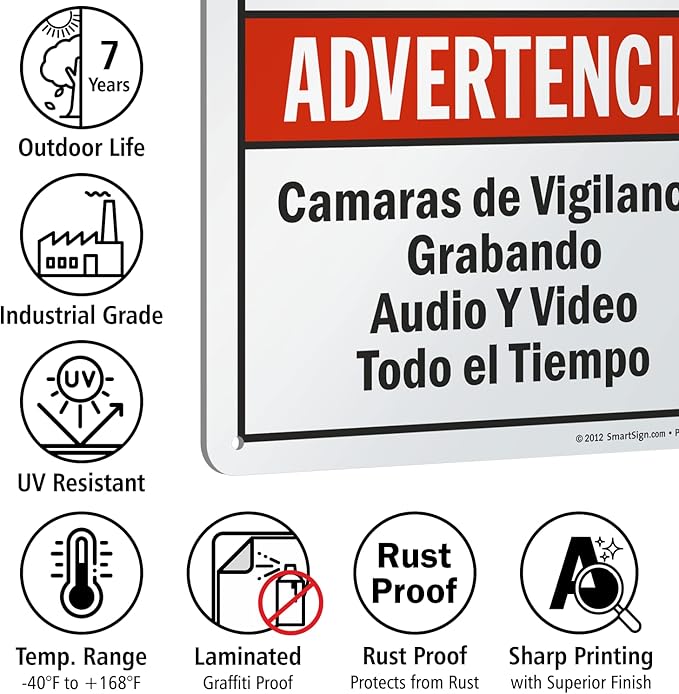 SmartSign-S-9392-AL-14 Warning - Audio & Video Surveillance On Duty At All Times Bilingual Sign By | 10" x 14" Aluminum - Black/Red on White