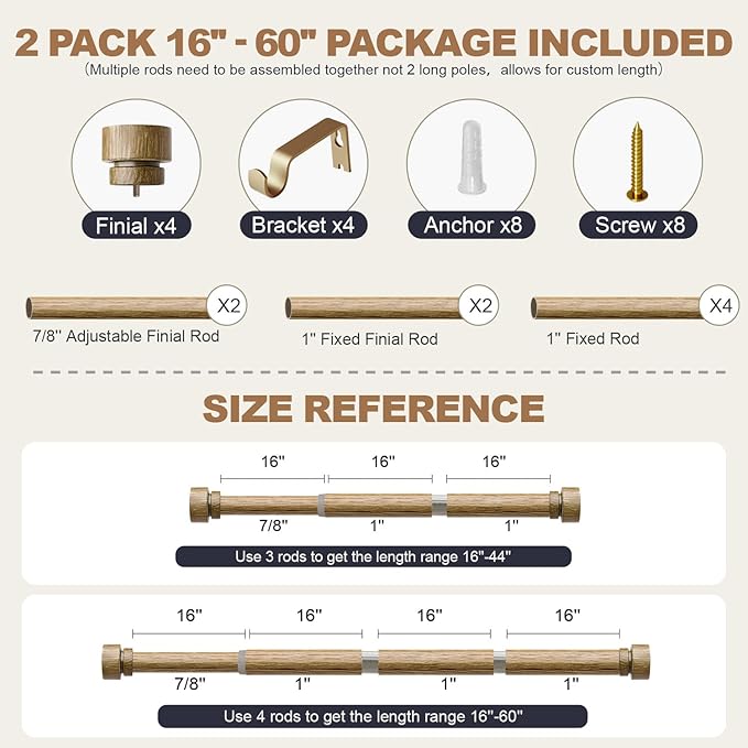 2 Pack Weathered Wood Grain Curtain Rods for Windows 28 to 48 Inches 1" Diameter Heavy Duty Window Curtain Rod Adjustable with Solid Finials for Living Room Bedroom Kitchen Farmhouse Outdoor
