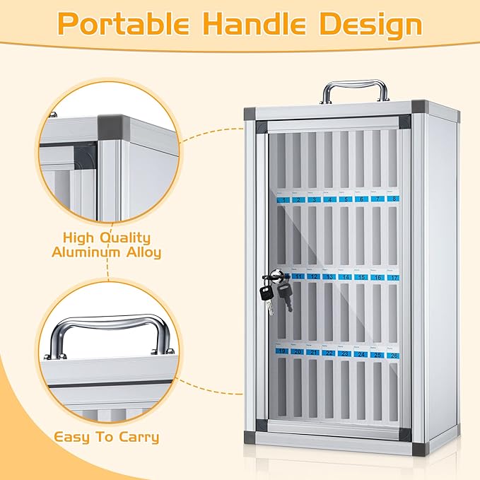Amylove 36 Slots Cell Phone Locker Cabinet Aluminum Alloy Pocket Chart Storage Locker Box Cabinet Wall-Mounted Cell Phones Storage Box with Handle for Office Classroom Gym (White)
