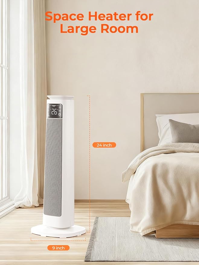 Space Heater for Large Room, FOHERE 24" Electric Heaters for Indoor Use with Thermostat and Remote, 70° Oscillation, 12H Timer, Overheat and Tip-Over Protection, Fan Mode for Home Bedroom Office