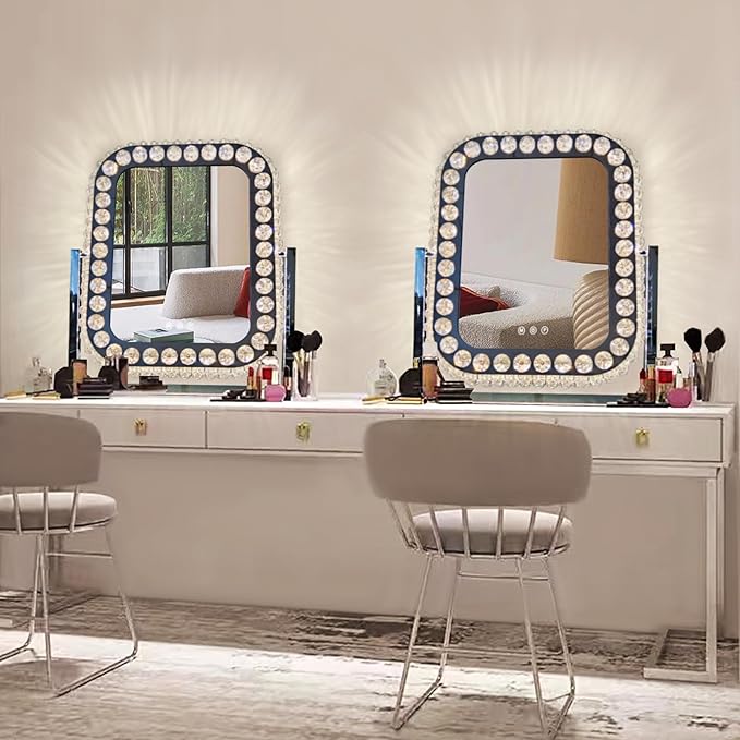 Hollywood Crystal Vanity Mirror with Lights 3 Color Adjustable Brightness Light 360° Rotation Large Crystal Lighted Vanity Mirror for Tabletop Desk Crystals LED Makeup Mirror with Lights