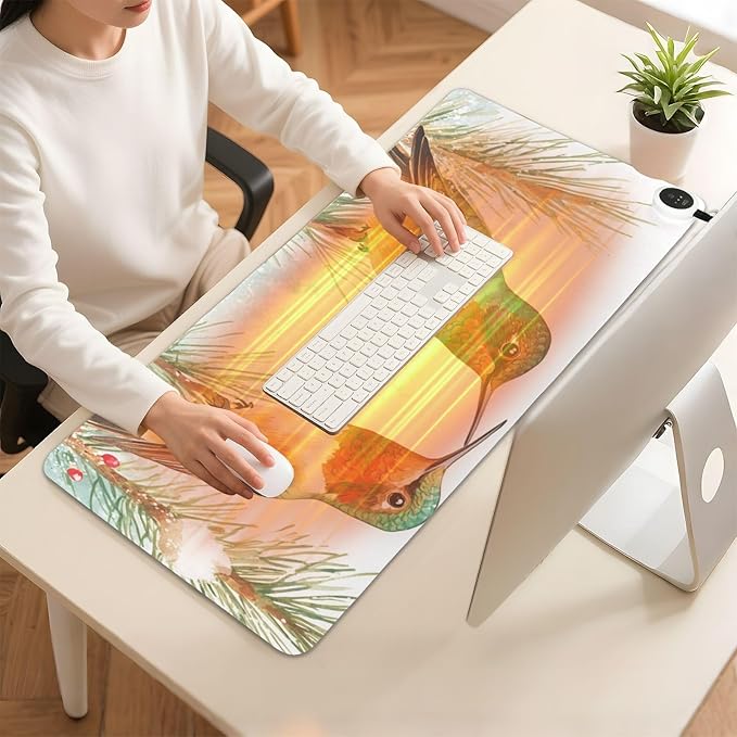 Heated Desk Pad Mouse Pad 31.5x13 Inch PU Leather Desk Mat with 3 Heat Levels Large Mouse Gaming Computer Laptop Mat Cartoon Hummingbirds and Pine Tree