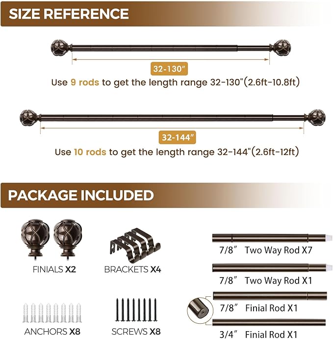 KAMANINA Curtain Rods for Windows 72 to 144 Inches (6-12ft) Long Heavy Duty Curtain Rod, 7/8 Inch Adjustable Decorative Drapery Rods with Netted Texture Finials, Bronze