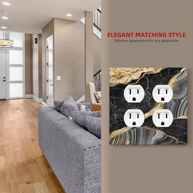 Decorative Outlet Covers Modern Abstract Black Gold Marble 2 Gang Wall Plate Double Duplex Light Switch Cover Switch Plate Covers for Bathroom Kitchen Home Decor