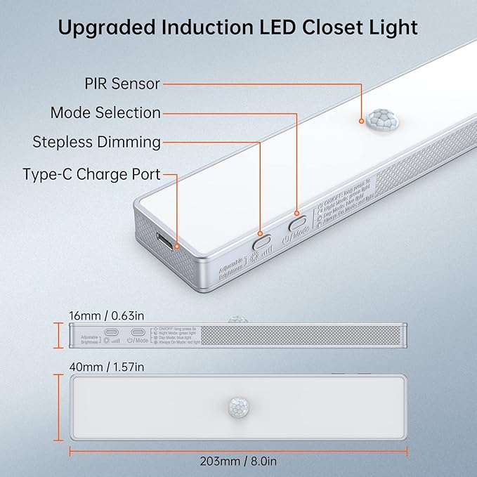 LED Closet Light, 30LEDs Dimmer USB Rechargeable Motion Sensor Light Under Cabinet Lighting, Stick-Anywhere Night Safe Light Bar for Wardrobe,Kitchen-2 Pcs, Warm
