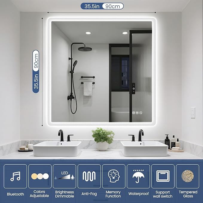 STARLEAD 36"x36" LED-Bathroom-Mirror-with-Lights, Wall-Mounted with Bluetooth Speaker, Anti-Fog, 3 Color Temperature, Dimmable Brightness, Waterproof, Tempered Glass, Frontlit & Backlit