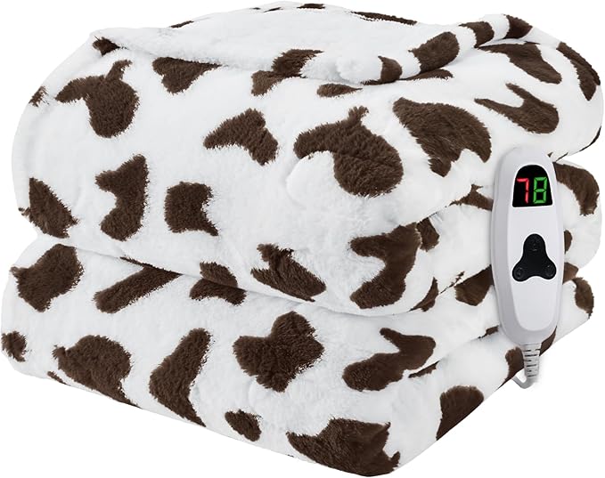 Cow Print Heated Electric Blanket Twin,62X84 Brown Heating Blanket with 10 Heats Levels & 8 Hours Auto Off,Cute Cow Decor Fleece Sherpa Blankets Warmer Gifts for Women Couch Office,Washable