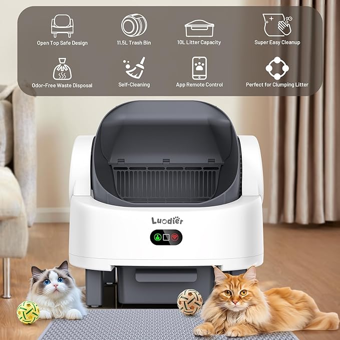 Self Cleaning Litter Box, Automatic Cat Litter Box Self Cleaning with APP Control, Odor-Free Waste Disposal Includes Trash Bags, Triple Safety Sensor, for Multiple Cats, Open-Top(White-Grey)