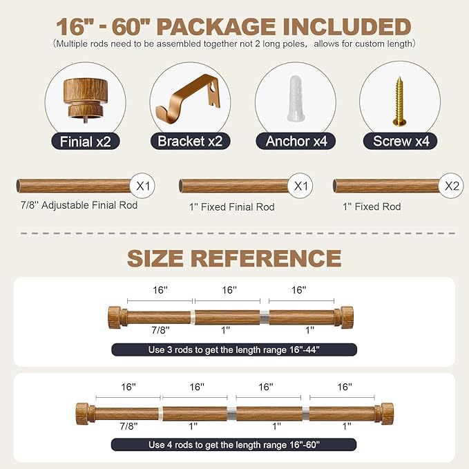 Wood Curtain Rods for Windows 28 to 48 Inches 1" Diameter Boho Decorative Heavy Duty Long Window Curtain Rod Adjustable with Solid Imitation Wood Grain Finials for Living Room Bedroom Kitchen