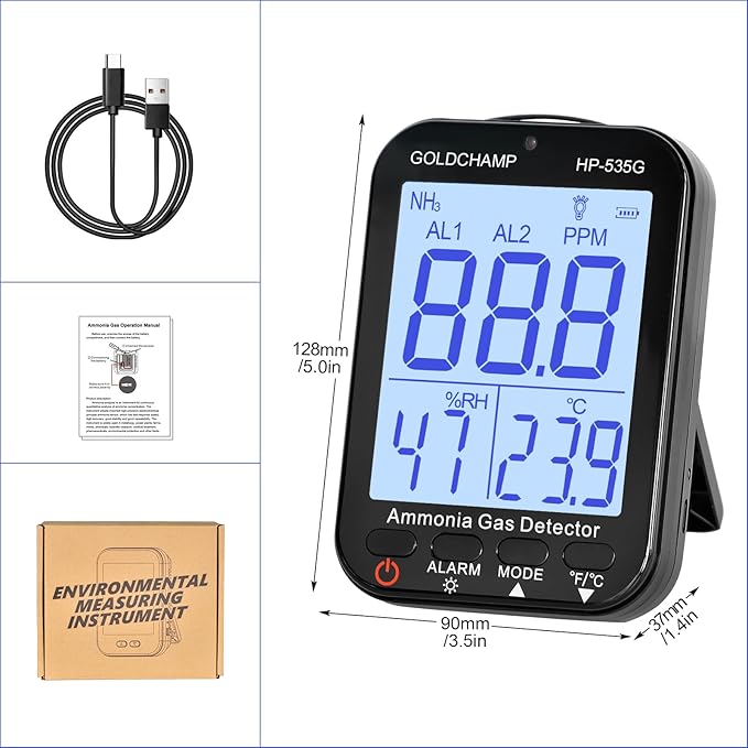 Portable Ammonia Gas Detector | 0-100 PPM Rechargeable Ammonia Gas Monitor | Resolution 0.1ppm with Temperature(℉/℃) | Humidity | Backlight Display | Dual Alarm for Poultry, Farm, Home GC-535G