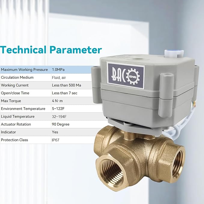 BACOENG Motorized Ball Valve, 1/2" Brass 3 Way L Type Auto Return Horizontal Electrical Ball Valve, AC/DC9-24V