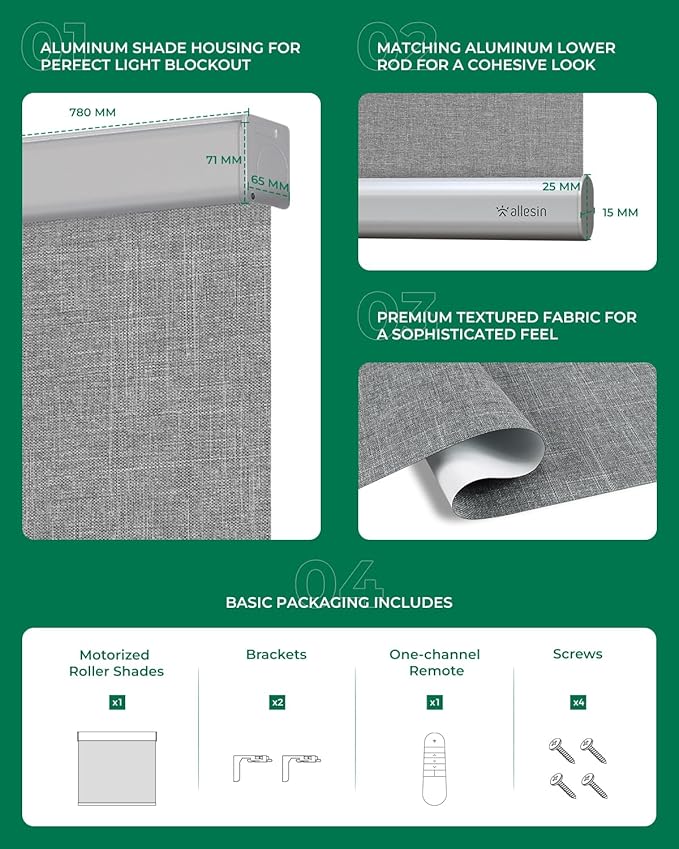 Allesin Motorized Roller Blinds – Rechargeable Smart Shades with Remote & Quiet Motor, Top/Bottom Aluminum Rails, Alexa-Compatible for Window (Custom Size, 100% Blackout Stone-Weave)