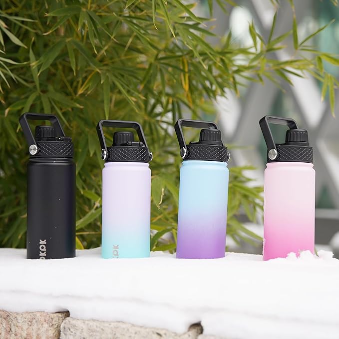 BJPKPK 2 Pack Insulated Water Bottles with Straw Lids, 22oz Stainless Steel Metal Water Bottle with 6 Lids, Leak Proof BPA Free Jugs, Cups, Flasks for Travel, Sports (Blossom+Ocean)