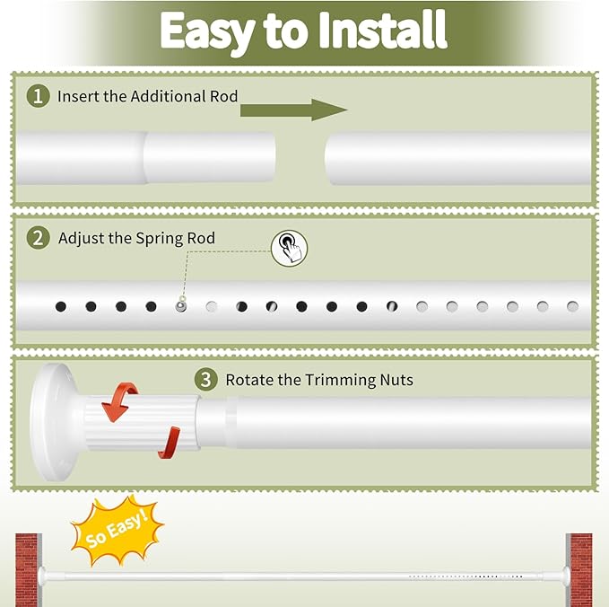 White Tension Curtain Rod 51-165In, Long Adjustable Tension Rods No Drilling for Window or Bathroom, Outdoor Curtain Rods for Patio, Easy to Install, Never Rust, Rod Diameter 1.26 Inches-White
