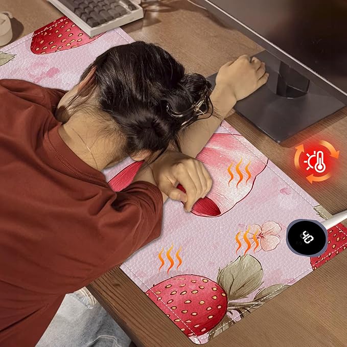 Heated Mouse Pad 31.5x13 in 3-Temp Fast Heating Desk Mat with Auto Timer Warmer for Hands Wrist Pain Relief Waterproof Keyboard Mat for Office, Gaming, Home, Pink Bow Floral
