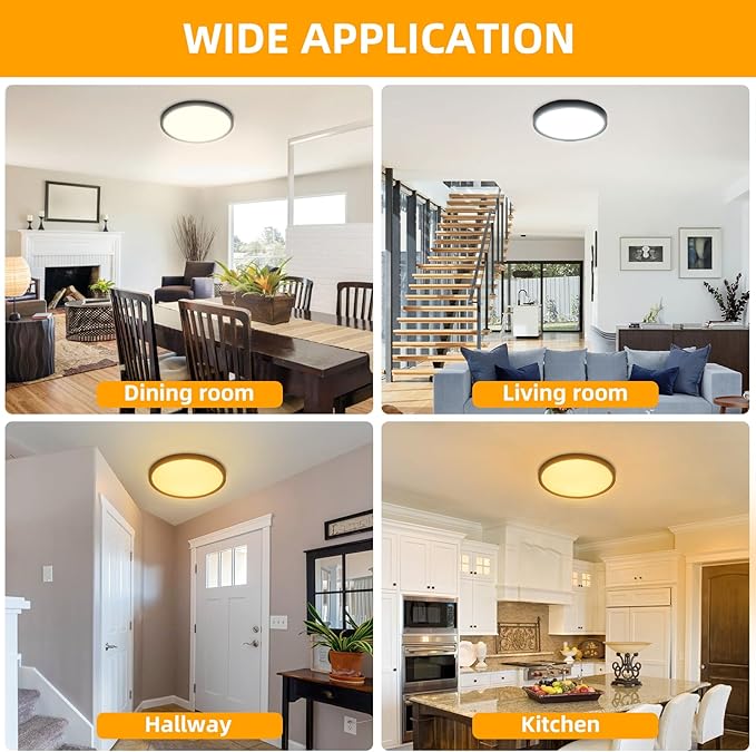 Hlite 4pack 12 inch Flush Mount LED Ceiling Light Fixture,24W 2400LM Super Slim Light Fixtures Ceiling Mount 3000K/4000K/5000K 3CCT Selectable,Light Fixtures for Kitchen,Bedroom (Black)
