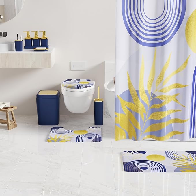 Bathroom Set - Bathroom Sets with Shower Curtain and Rugs, Bathroom Accessory Set, Navy Blue Bathroom Accessories Set with Trash Can, Toilet Brush and Soap Dispensers