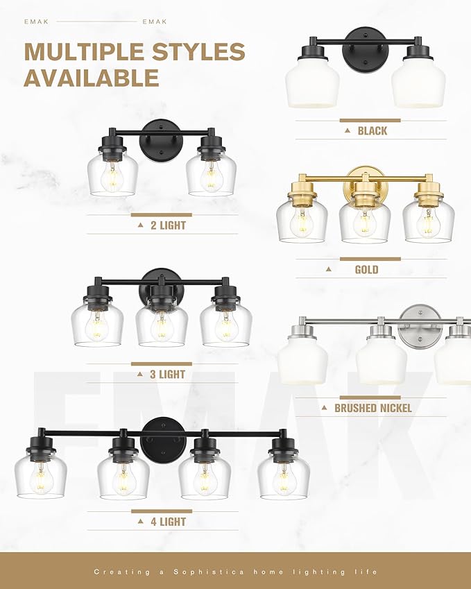 Emak 4-Light Bathroom Vanity Light, 29 Inch Black Bathroom Light Fixtures Over Mirror with Clear Glass Shade, Modern Farmhouse Vanity Lights for Mirror, Bath, VL122-BK-CG-4