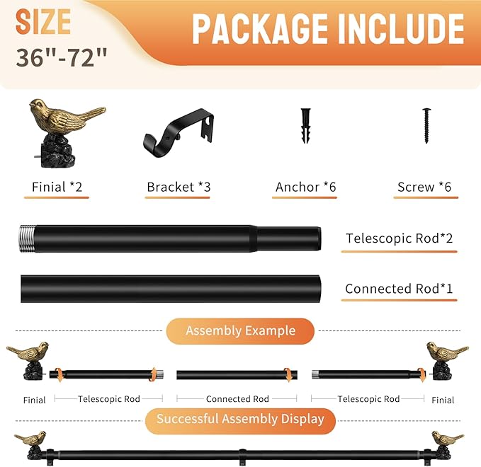 Decorative Black Curtain Rod 36 to 72 Inches Adjustable Drapery Rod with Bird Finials Heavy Duty Curtain Rods for Windows Living Room Kitchen