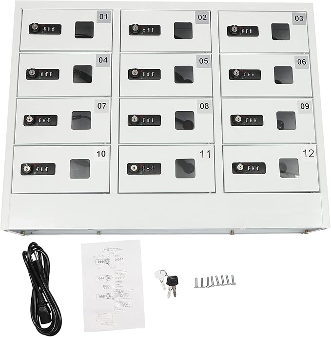 16-Unit Cellphone Charging Cabinet - Mobile Phone Charging Storage Cabinet, Combination Lock Smartphone Lockbox with QC3.0 Fast Charging & View Window for Classroom, Library, and Office (White)