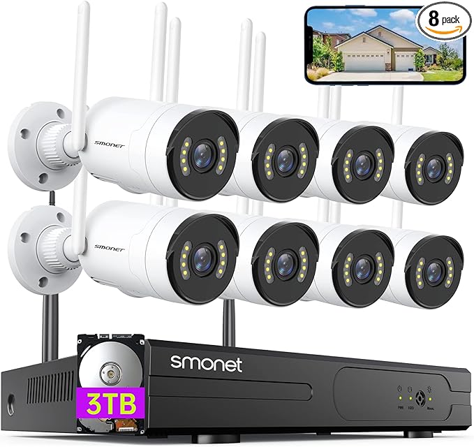 【5MP HD, Audio】 Wireless Security Camera System, 3TB Hard Drive, SMONET 8CH Complete Home CCTV Surveillance NVR Kits, 8Pcs Outdoor Indoor IP Cameras Night Vision, IP66 Waterproof, Free Phone APP