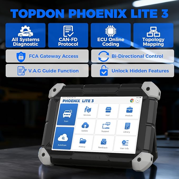 TOPDON Phoenix Lite 3, 2025 Upgraded Scanner of Lite 2, Bidirectional Scan Tool with CAN-FD, Car Scanner Diagnostic Tool, 35+ Maintenance Resets, Topology Mapping, ECU Coding, FCA Autoauth