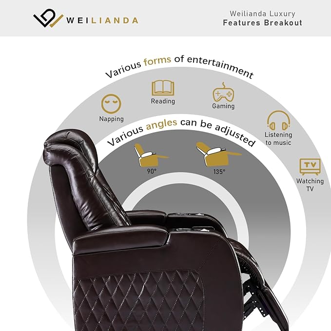 Weilianda Home Theater Seating Top Grain Leather Zero Gravity Recliner Chair Power Headrest Recline Movie Seat Gaming 7 Colors Mood Light Sofa with Tray Table USB Charge Row of 5 Loveseat Left Brown