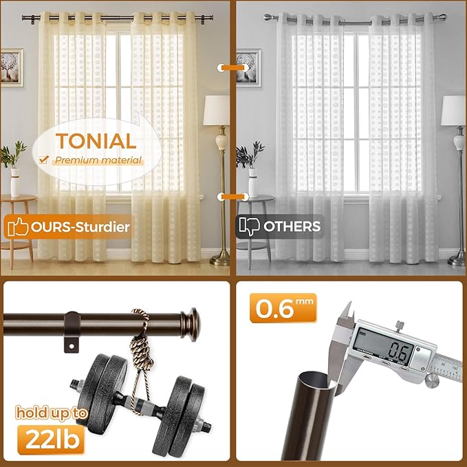 TONIAL Curtain Rods 32 to 86 Inch(2.6-7.2ft), Telescoping Splicing 3/4 Drapery Rods for Windows 54 to 82 Inch(4.5-6.8ft), Decorative Single Rod with Small Cap Finial, Bronze