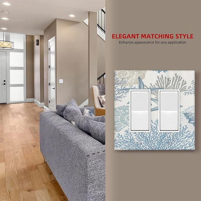 Decorative Outlet Covers Blue Starfish Coral Seaweed 2 Gang Light Switch Cover Plate Double Rocker Wall Plate Switch Plate Covers Faceplate for Bathroom Bedroom Decor (2 Pack)