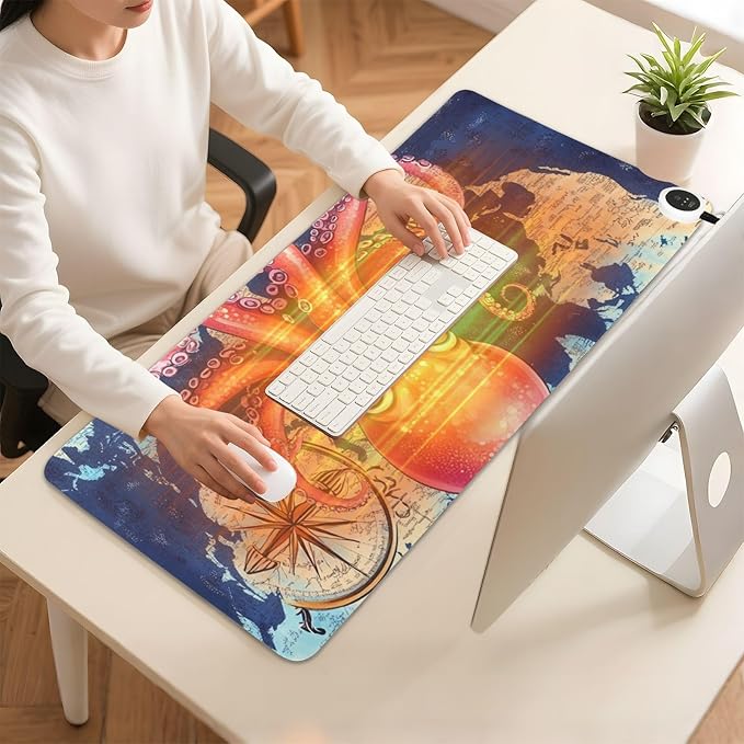 Heated Desk Pad Mouse Pad 31.5x13 Inch PU Leather Desk Mat with 3 Heat Levels Large Mouse Gaming Computer Laptop Mat Blue World Map and Octopus