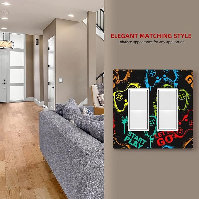 Decorative Outlet Covers Gamepad Theme Graffiti 2 Gang Light Switch Cover Plate Double Rocker Wall Plate Switch Plate Covers Faceplate for Game Room Bedroom Decor (2 Pack)