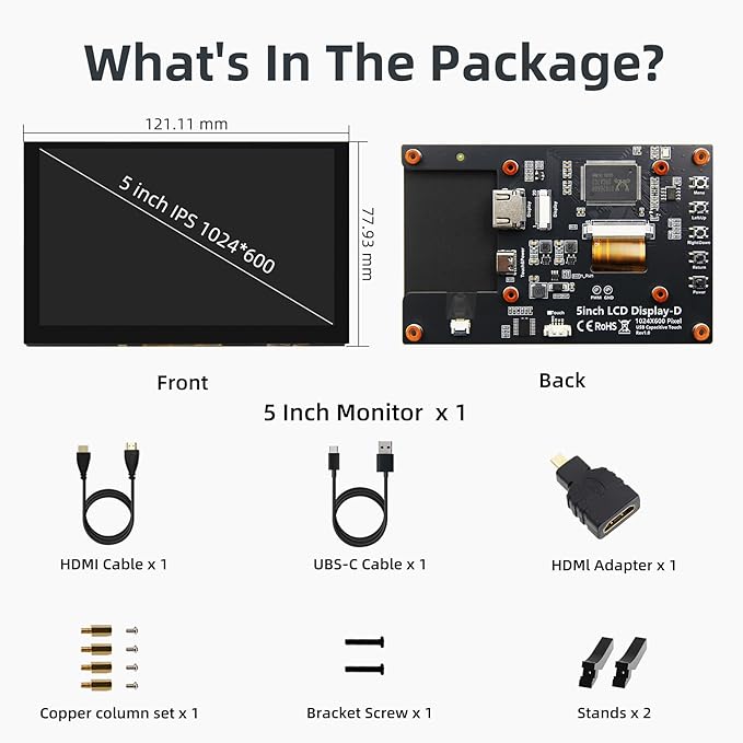 5 Inch HDMI Monitor 1024x600 LCD Touch Screen Display Mini Small Monitor for Raspberry Pi 5/4/3/2/B/B+, BB Black, Win 11/10/8/7