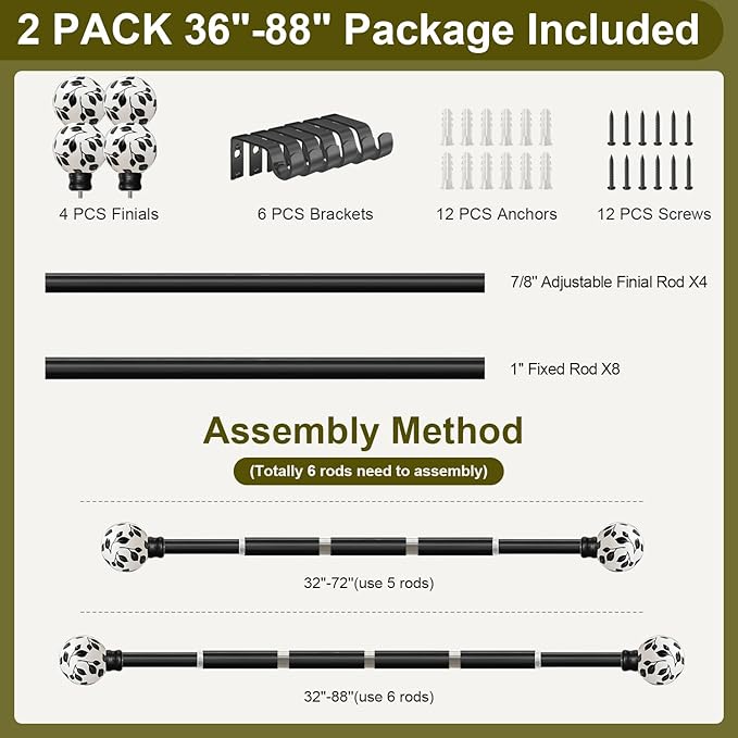 Ceramic Black Curtain Rods Set of 2 for Windows 48 to 84 Inches Adjustable Length Heavy Duty White Window Curtain Rod with Modern Leaf Pattern Decorative Finials for Bedroom Kitchen Living Room