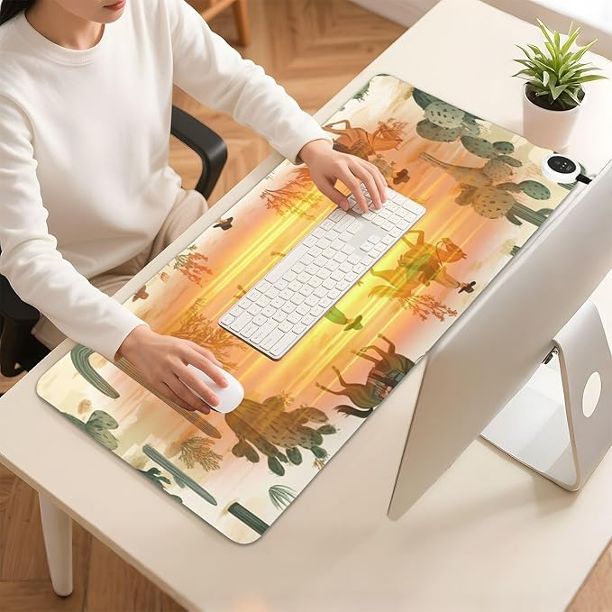 Heated Desk Pad Mouse Pad 31.5x13 Inch PU Leather Desk Mat with 3 Heat Levels Large Mouse Gaming Computer Laptop Mat Cute Cacti Desert Cowboys Horses