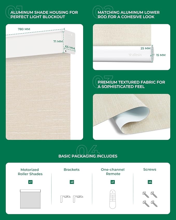 Allesin Motorized Roller Blinds – Rechargeable Smart Shades with Remote & Quiet Motor, Top/Bottom Aluminum Rails, Alexa-Compatible for Window (Custom Size, 100% Blackout Wheat-Jacquard)
